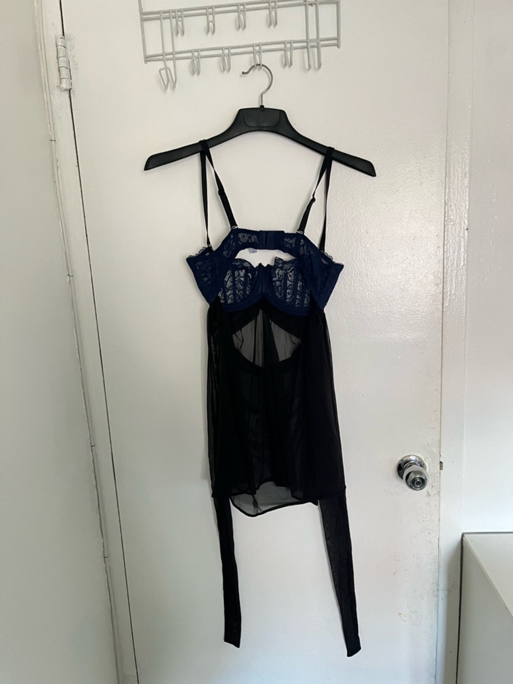 Adore Me Sheer Black Babydoll Chemise with Navy Lace Bust - Picture 4 of 10